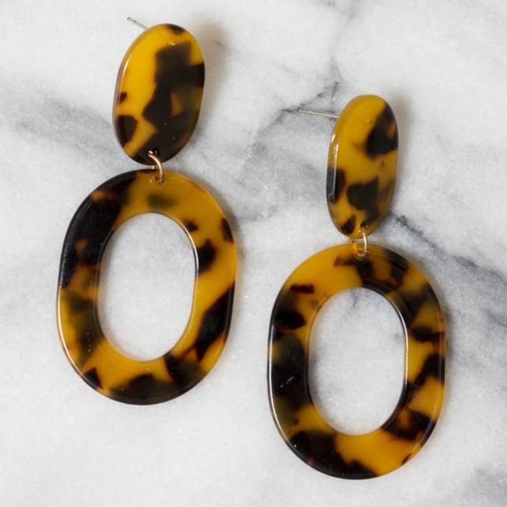 Tortoise Shell Drop Hoop Earrings
